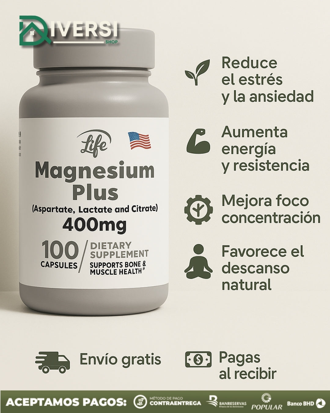 Magnesium Plus 400mg (100 Capsulas) – Triple Acción para Músculos, Huesos y Bienestar Total 🦴✨