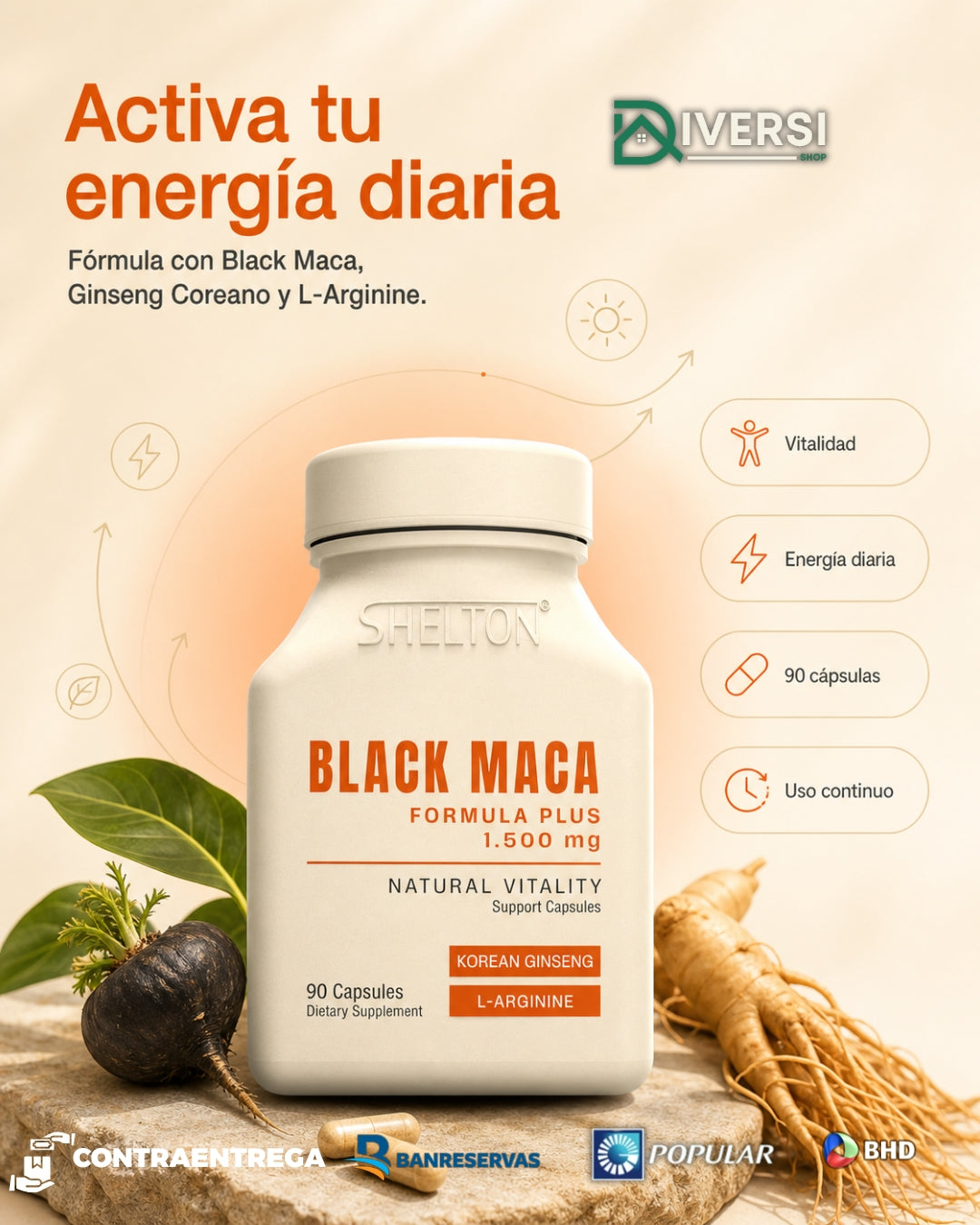 Black Maca Formula Plus Shelton | Maca Negra + Ginseng + L-Arginina | 90 Cápsulas 1,500 mg