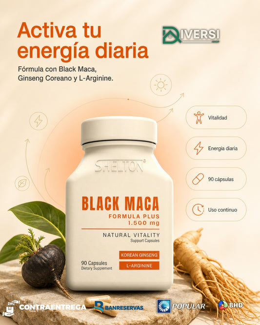 Black Maca Formula Plus Shelton | Maca Negra + Ginseng + L-Arginina | 90 Cápsulas 1,500 mg