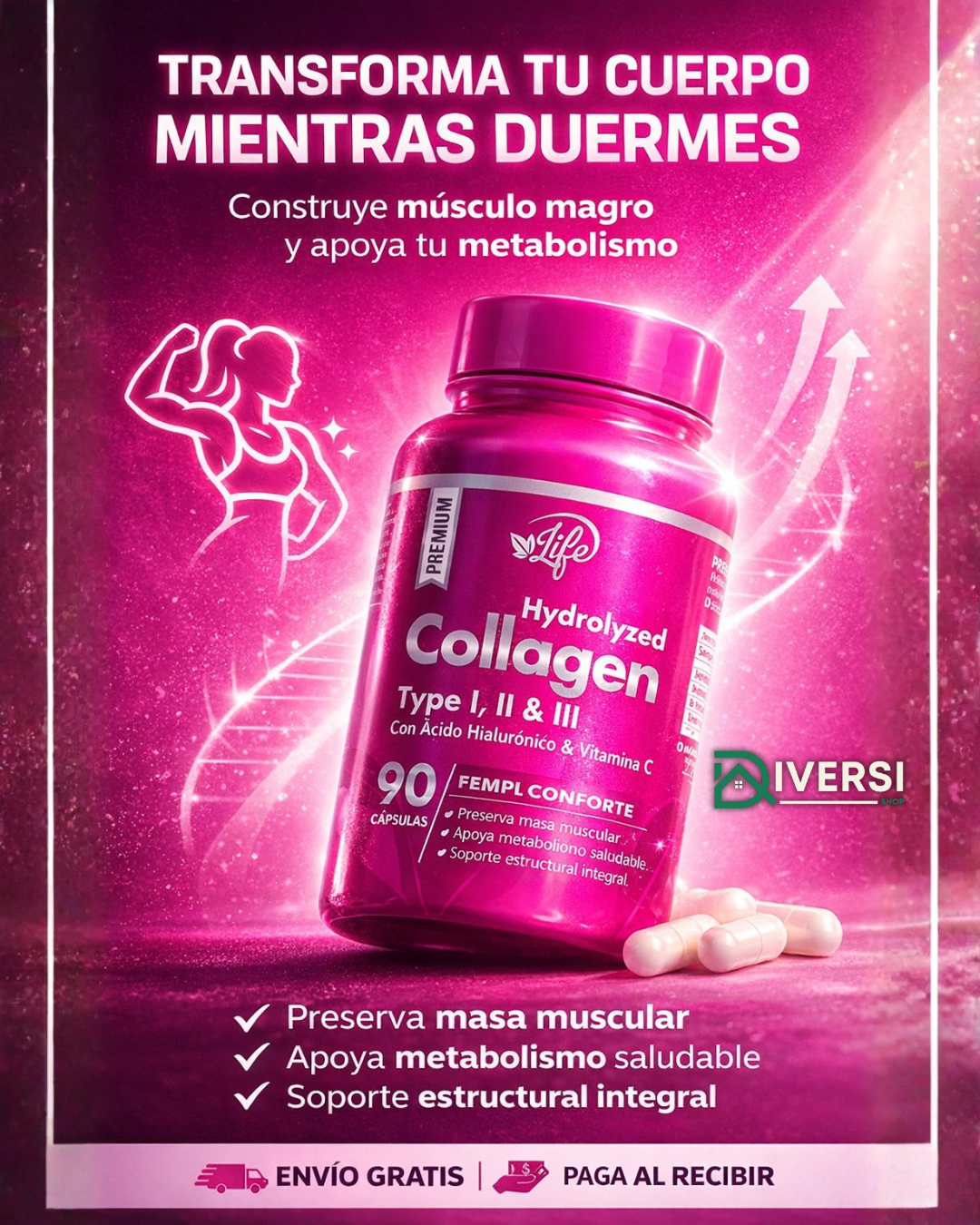 Colágeno Hidrolizado Tipo I, II & III con Ácido Hialurónico y Vitamina C – 90 Cápsulas