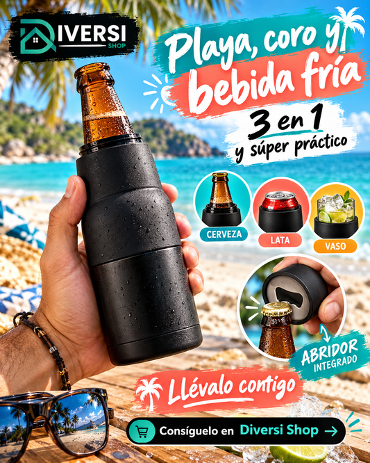 CoolPro 3 en 1™ | Enfriador Térmico para Botellas, Latas y Vasos de 12 oz con Abridor Integrado