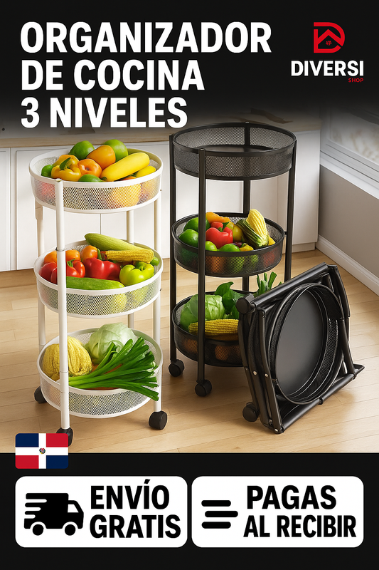 Organizador de Cocina 3 Niveles Redondo y Plegable | Máxima Orden en Menos Espacio