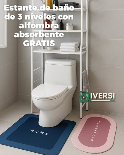 Estante de baño de 3 niveles con alfombra absorbente GRATIS – ¡Organiza, decora y protege tu espacio en un solo paso! 🧴🧼✨