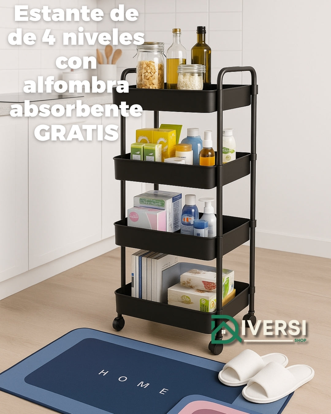 Estante Organizador de 4 Niveles con Ruedas + ¡Alfombra Absorbente GRATIS!