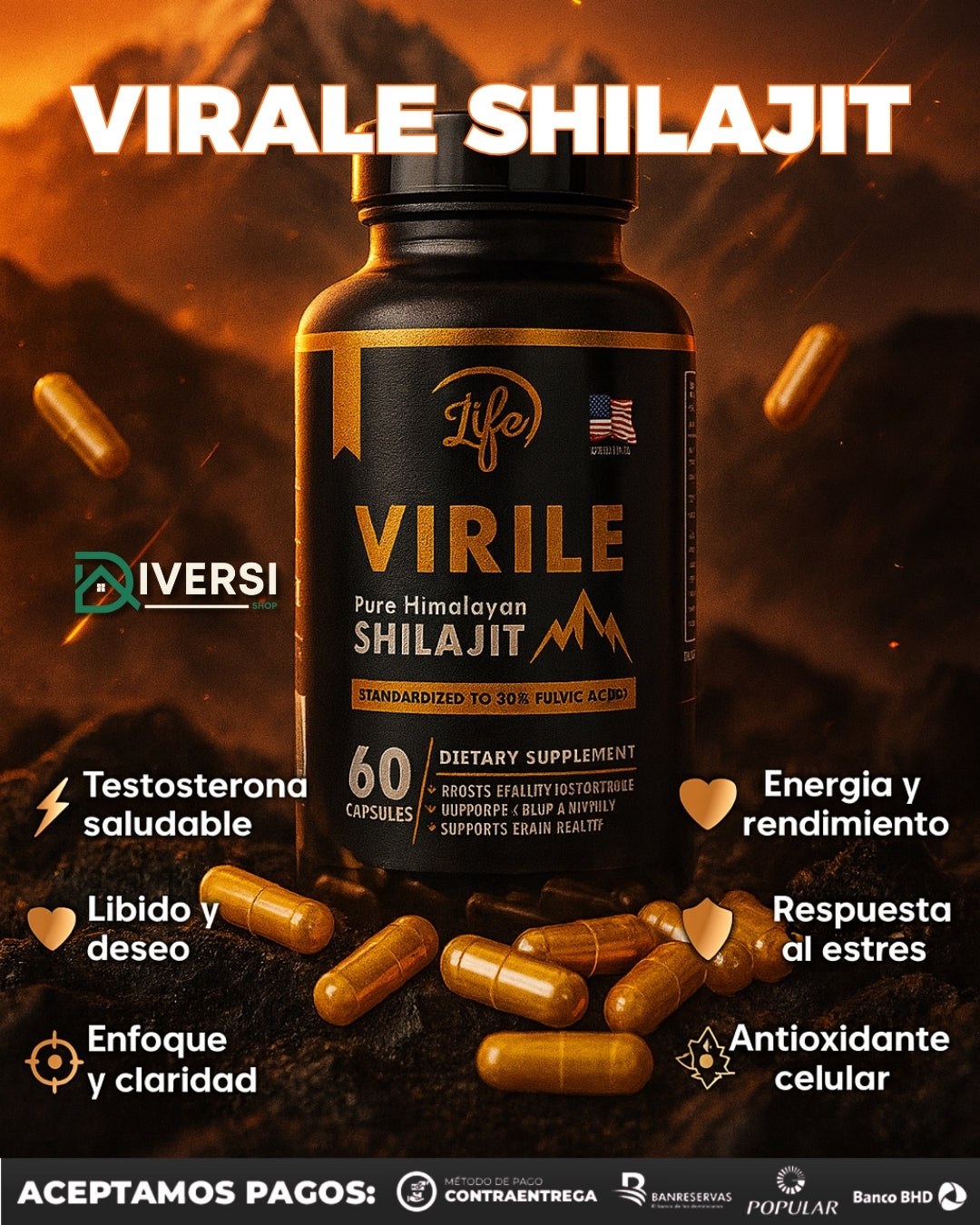 VIRILE Shilajit  60 Cápsulas de Potencia Himalaya | Energía, enfoque y deseo en un solo frasco