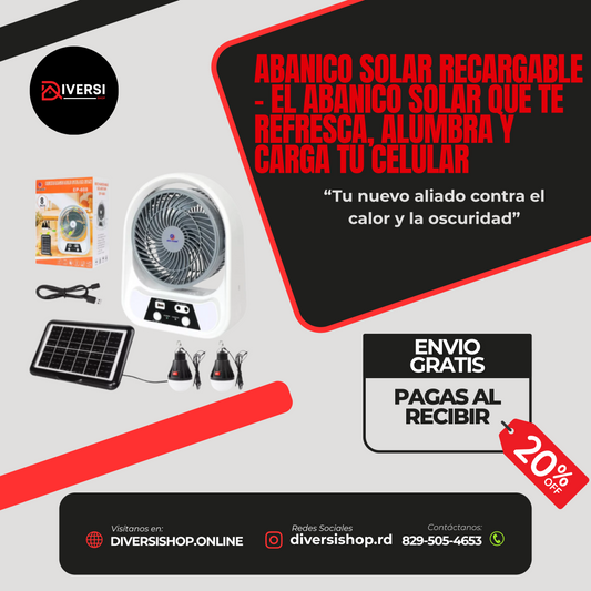ABANICO SOLAR RECARGABLE - El abanico solar que te refresca, alumbra y carga tu celular