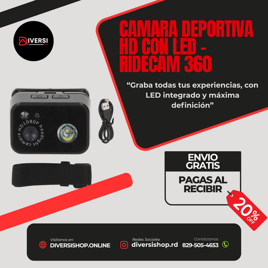 CAMARA DEPORTIVA HD CON LED - RideCam 360 “Graba todas tus experiencias, con LED integrado y máxima definición”