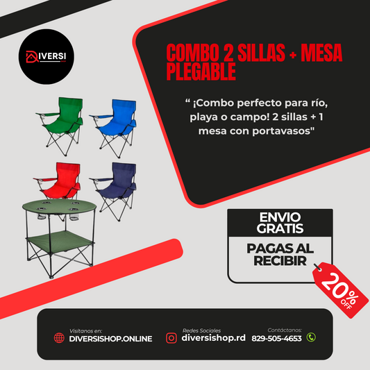 COMBO SILLAS - 🪑+🪟 ¡Combo perfecto para río, playa o campo! 2 sillas + 1 mesa con portavasos