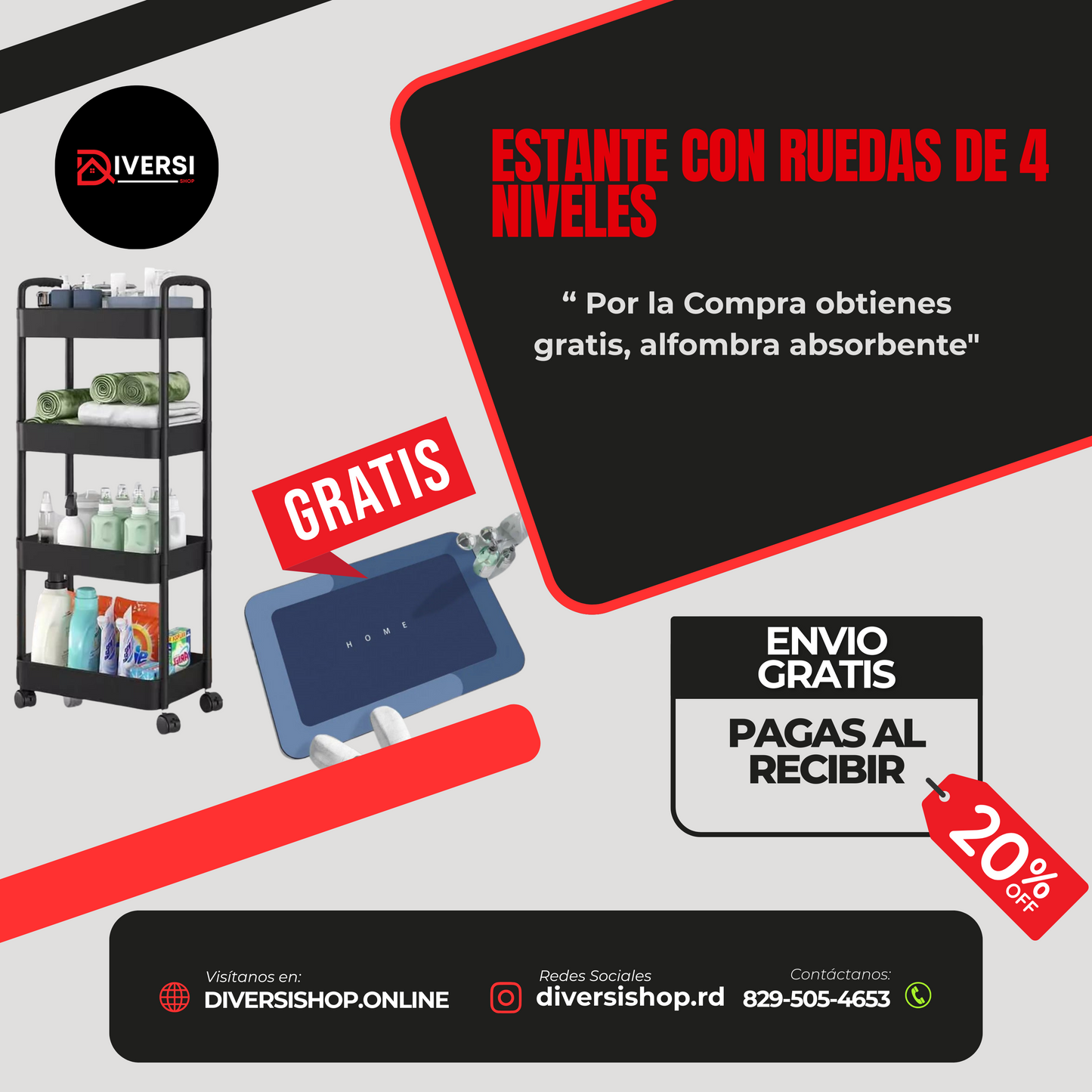 Estante Organizador de 4 Niveles con Ruedas + ¡Alfombra Absorbente GRATIS!