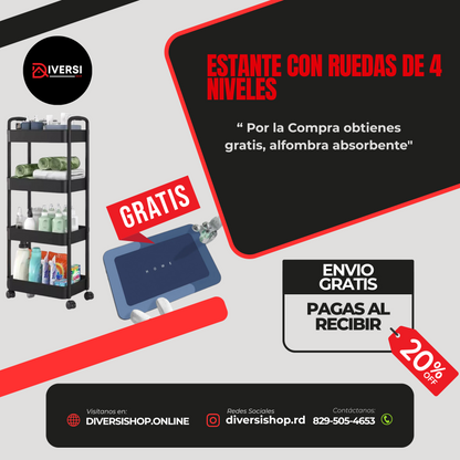 Estante Organizador de 4 Niveles con Ruedas + ¡Alfombra Absorbente GRATIS!
