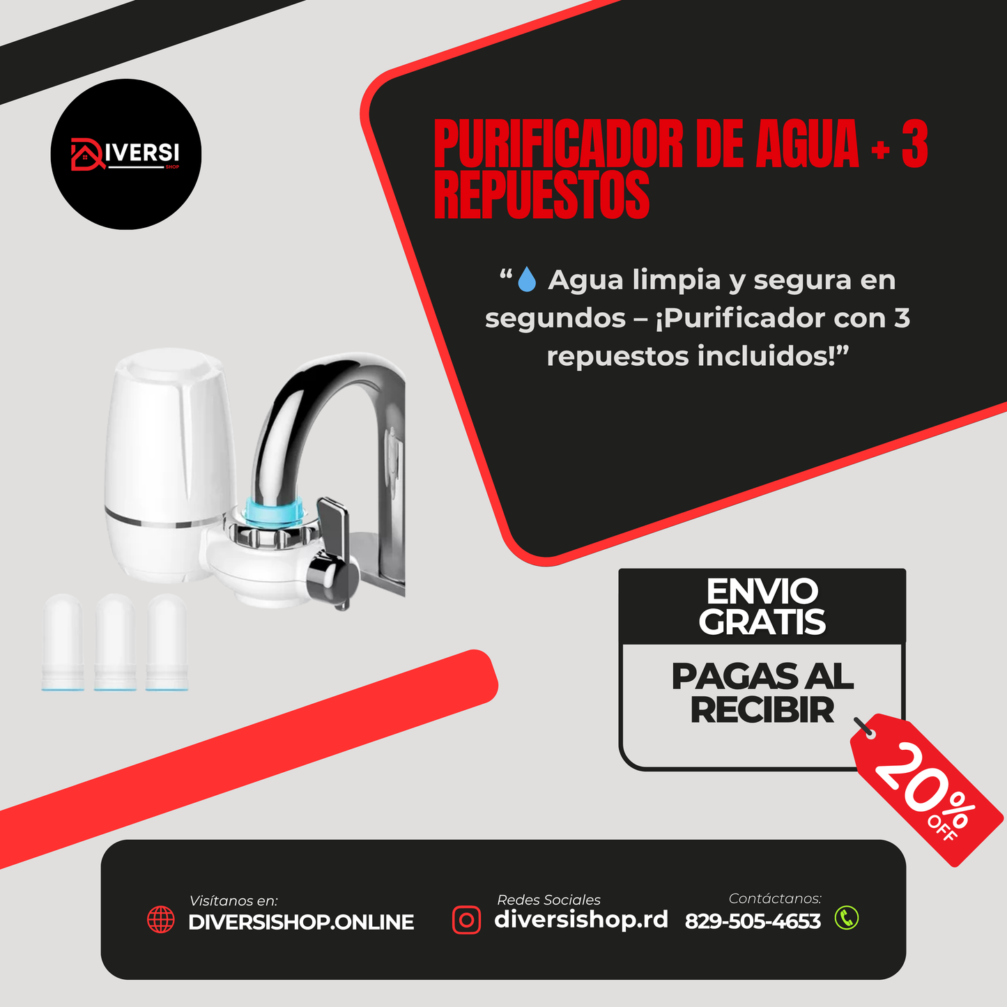 PURIFICADOR DE AGUA PARA GRIFO + 3 REPUESTOS – Agua limpia y segura en segundos