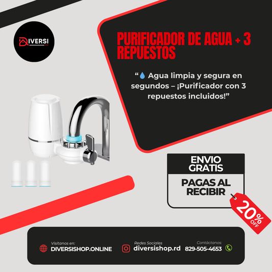 PURIFICADOR DE AGUA PARA GRIFO + 3 REPUESTOS – Agua limpia y segura en segundos