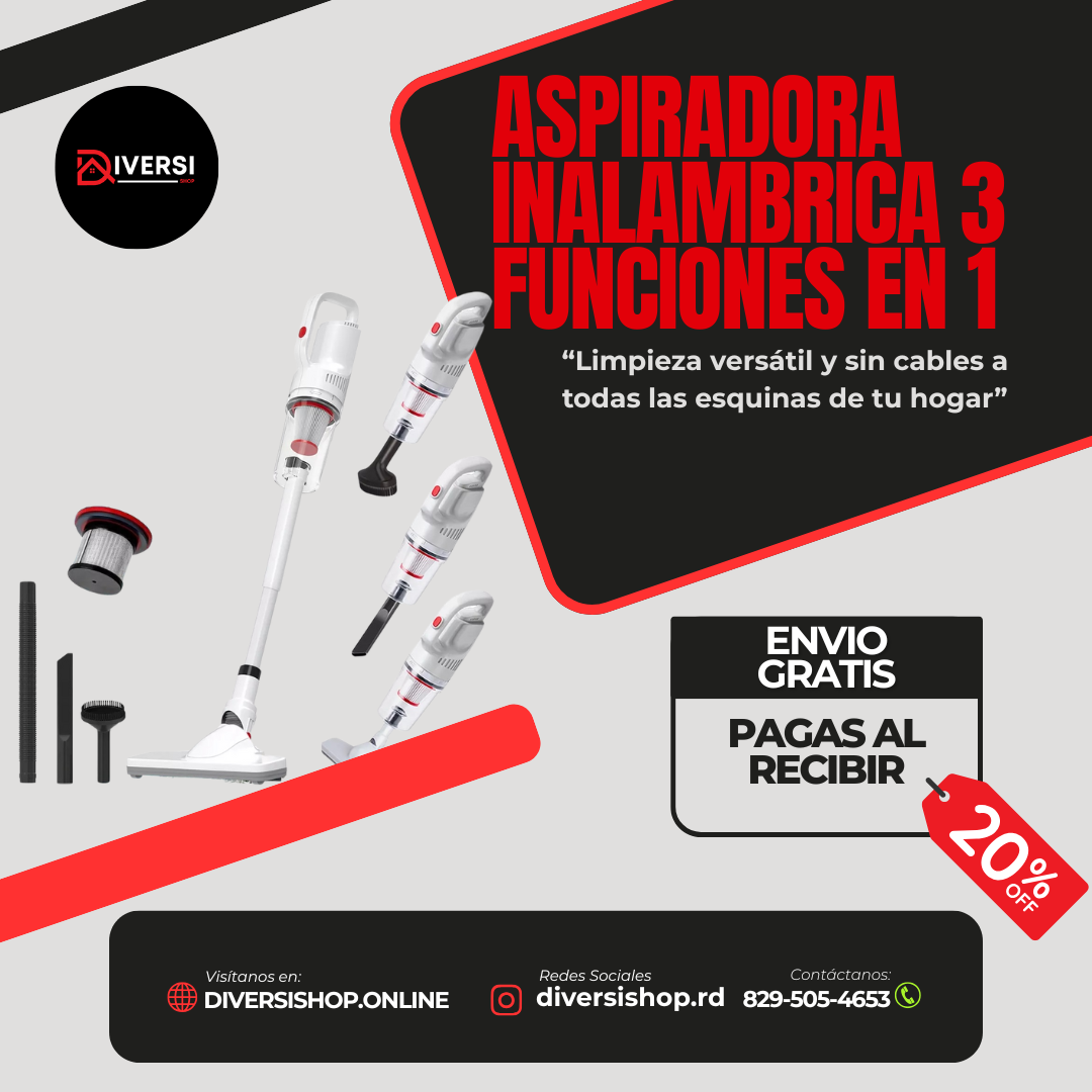 ASPIRADORA INALAMBRICA 3 FUNCIONES EN 1 - Limpieza versatil y sin cables a todas las esquinas de tu hogar
