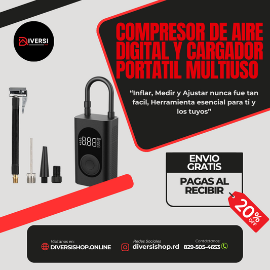 COMPRESOR DE AIRE DIGITAL Y CARGADOR PORTATIL MULTIUSO - Inflar, Medir y Ajustar nunca fue tan facil, Herramienta esencial para ti y los tuyos