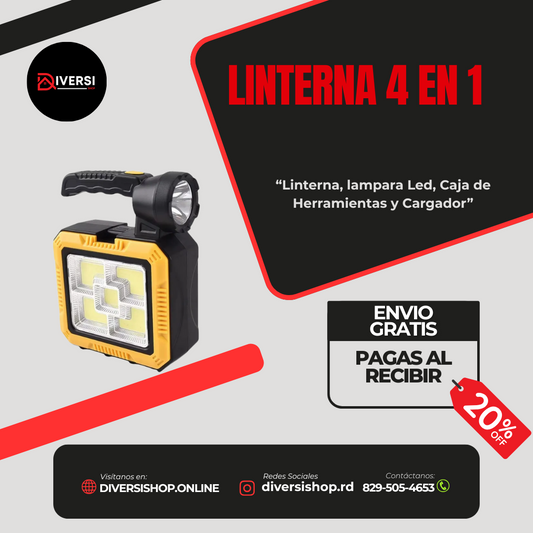 LINTERNA 4 EN 1: Linterna, lampara Led, Caja de Herramientas y Cargador