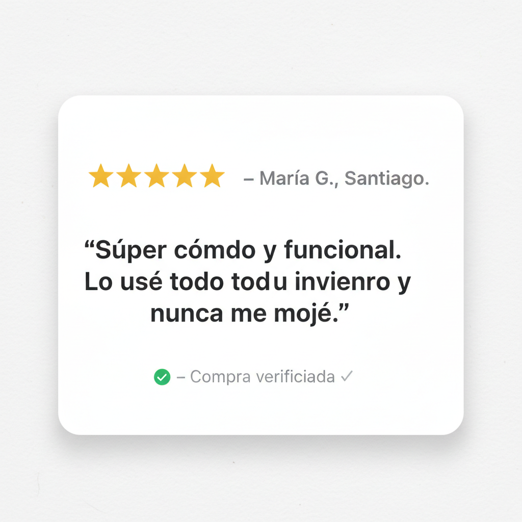 ⭐⭐⭐⭐⭐ 'Súper cómodo y funcional. Lo usé todo el invierno y nunca me mojé.' — María G., Santiago